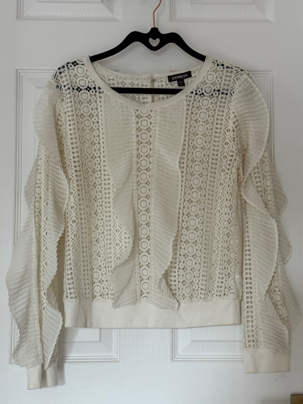 Express Women's Ivory Lace Ruffle Crochet Long Sleeve Blouse - Size Small